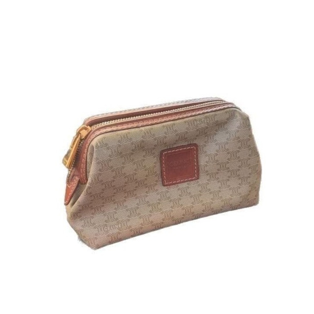 Celine vanity case pouch brown leather and beige coated canvas small vintage